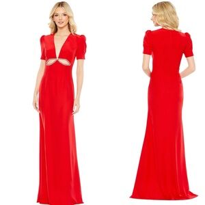 Mac Duggal Plunge Neck Puff Sleeve Cut Out Gown Size 12